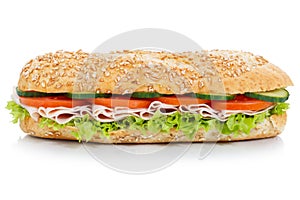 Baguette sub sandwich with ham whole grains lateral isolated on
