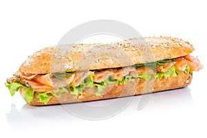 Baguette sub sandwich whole grains with smoked salmon fish fresh