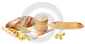 Baguettes, wheat flour and ravioli isolated on a white. There is free space for text. Collage. Wide photo