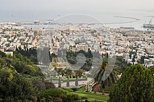 Bah i Holy Places in Haifa and the Western Galilee - Israel, panoramic view from the upper terrace of city, the temple and the bay