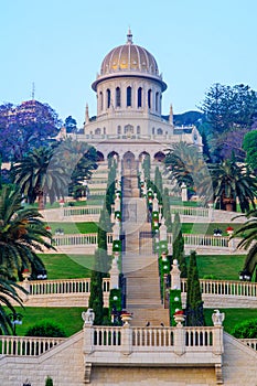 Bahai gardens and shrine at sunrise, in Haifa