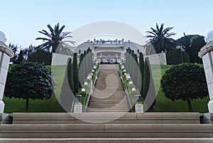 Bahai gardens and temple on the slopes of the Carmel Mountain. Haifa city, Israel. Bottom view of the main entrance to the Bahai