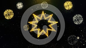 Bahai nine pointed star bahaism icon on gold particles fireworks display.