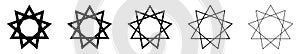 Bahai star. Black linear Baha`i symbols set. Religious symbol of Bahaism