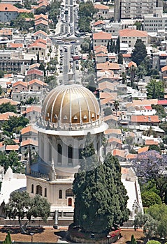 Bahai temple on background of Haifa