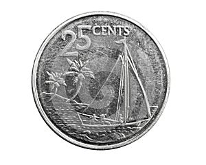 Bahamas twenty five cents coin on white isolated background