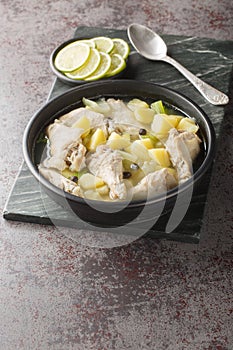 Bahamian Chicken Souse with chicken wings, potatoes, celery, lime and spices closeup on the plate. Vertical