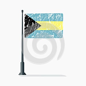 Bahamian flag with scratches, vector flag of Bahamas on flagpole with shadow.