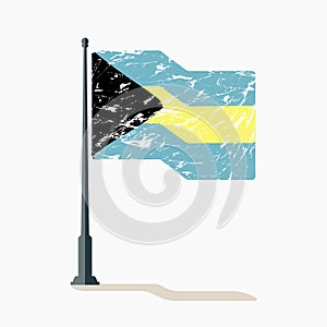 Bahamian flag with scratches, vector flag of Bahamas waving on flagpole with shadow.
