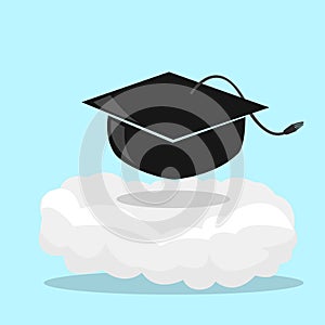 Illustration of Hat Graduation on Cloud and Blue Color Background. photo