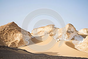 Bahariya landscape with lime stone rock formations. Desert nature. Wilderness exploring.