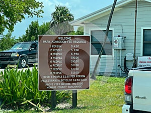 Bahia Honda State Park entrance informational sign concerning admission fees