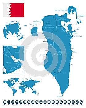 Bahrain - detailed blue country map with cities, regions, location on world map and globe. Infographic icons