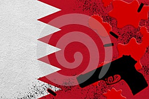 Bahrain flag and black firearm in red blood. Concept for terror attack or military operations with lethal outcome