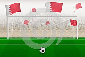 Bahrain football team fans with flags of Bahrain cheering on stadium, penalty kick concept in a soccer match