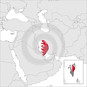 Bahrain Location Map on map Asia. 3d Bahrain flag map marker location pin. High quality map  Kingdom of Bahrain. Near East.