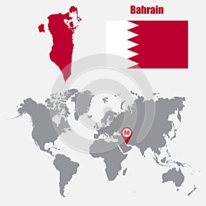 Bahrain map on a world map with flag and map pointer. Vector illustration