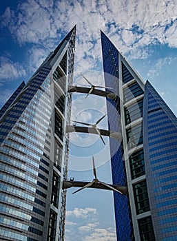 The Bahrain World Trade Center is an iconic architectural landmark in Manama, featuring a unique design with wind turbines