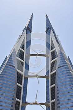 Bahrain World Trade Center Twin Towers with Wind Turbines in Manama