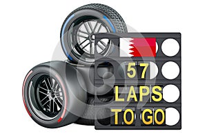 Bahraini racing, pit board with flag of Bahrain and racing wheels with different compounds type tyres. 3D rendering
