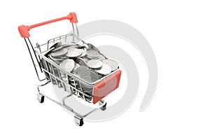 baht coins in shopping cart isolated on white