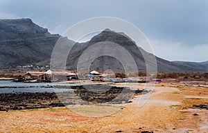 Baia Das Gatas. North of Calhau, Sao Vicente Island Cape Verde. Mysterious landscape of sandy coastline with fisher