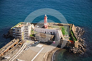 Baia, Naples, Italy. Lighthouse beach from the terrace of the Aragonese castle