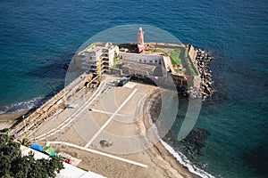 Baia, Naples, Italy. Lighthouse beach from the terrace of the Aragonese castle