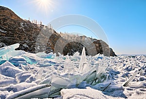 Baikal hummocks are sprinkled with fine snow