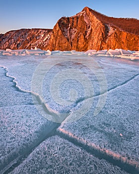 Baikal Ice and Bay Uzur in the Morning, Olkhon Island, Lake Baikal, Russia photo