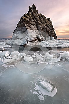 Baikal Lake Ice and Island Elenka at Sunset, Baikal Lake, Russia