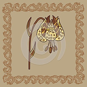 Baikal lily illustration in doodle style. Vector monochrome sketches with geometric pattern brown beige gentle tones.