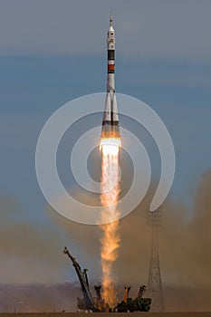 Baikonur, Kazakhstan - April 20, 2017: Launch of the spaceship `Soyuz MS-04` to ISS with shortened crew
