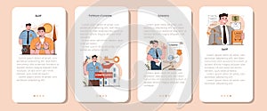 Bailiff concept mobile application banner set. Court officer confiscating photo