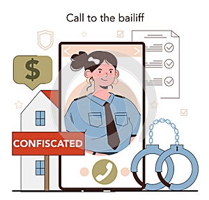 Bailiff concept online service or platform. Court officer confiscating photo