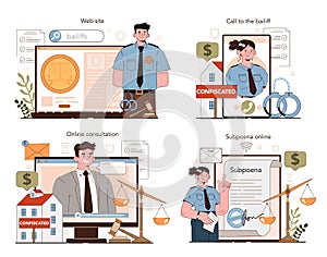 Bailiff concept online service or platform set. Court officer confiscating