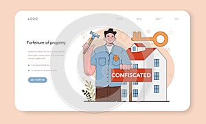 Bailiff concept web banner or landing page. Court officer confiscating photo