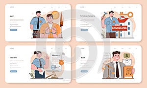 Bailiff concept web banner or landing page. Court officer confiscating photo