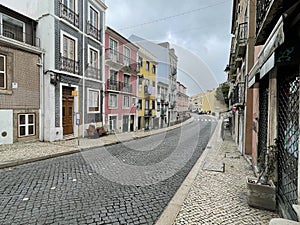 Bairro Alto Lisboa district empty street and stores. Lisbon, Portugal