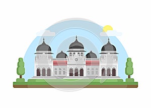 Baiturrahman Grand Mosque Aceh, Indonesia Landmark Building Flat Design illustration Vector