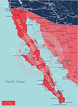 Baja California region detailed editable map