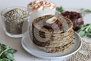 Bajra methi thepla. Indian flat bread made of pearl millet flour, fenugreek leaves, sesame seeds, yogurt and spices. Served with