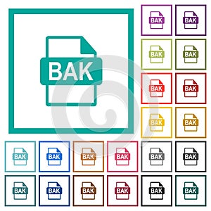 BAK file format flat color icons with quadrant frames