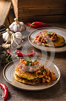 Bake beans with fluffly potato cakes