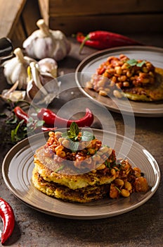 Bake beans with fluffly potato cakes