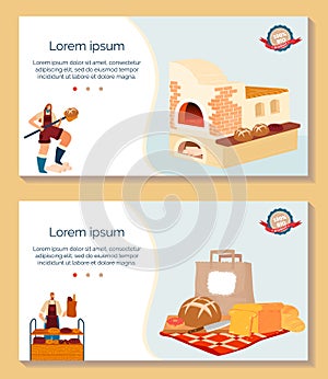 Bake bread vector illustration set, cartoon flat bakery shop banner collection with baker in apron working, baking bread