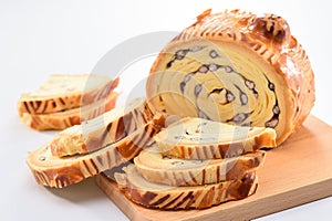 Bake bread with wood grain on a block wood on white background