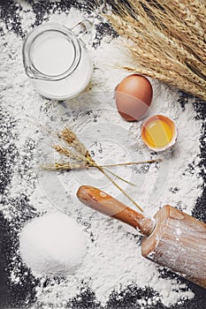 Bake dough recipe ingredients eggs, flour, milk, butter, sugar photo