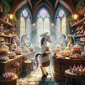 Bake Magic: AI-Generated Unicorn Bakers Amidst Their Delectable Creations
