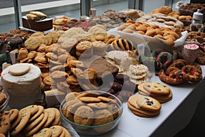 bake sale table, overflowing with holiday cookies and treats